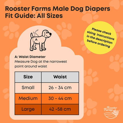 Rooster Farms Male Dog Diapers Medium 3Pk - Washable Reusable Nappies Hook/Loop.