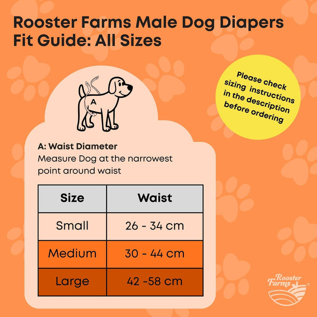 Rooster Farms Male Dog Diapers Medium 3Pk - Washable Reusable Nappies Hook/Loop.