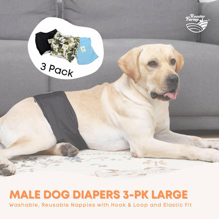 Rooster Farms Male Dog Diapers Large 3Pk - Washable Reusable Nappies Hook/Loop.