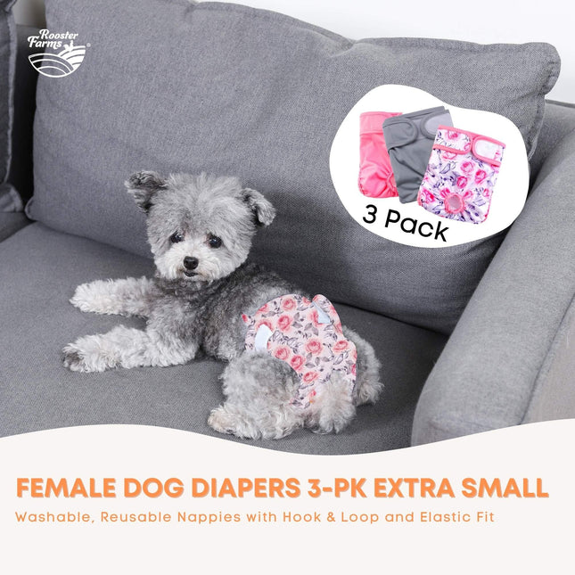Rooster Farms Female Dog Diapers XSmall 3Pk - Washable Reusable Nappy Hook/Loop.