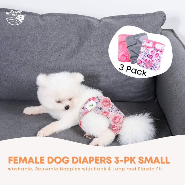 Rooster Farms Female Dog Diapers Small 3Pk - Washable Reusable Nappies Hook/Loop.