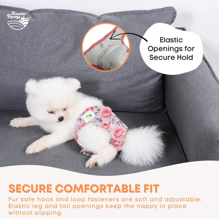 Rooster Farms Female Dog Diapers Large 3Pk - Washable Reusable Nappies Hook/Loop.