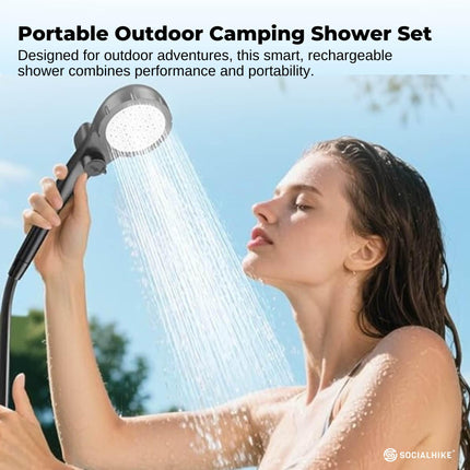 Social Hike Portable Camping Shower Kit - 6000MAh Outdoor Rechargeable Pump LED.
