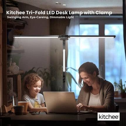 Kitchee Tri-Fold LED Desk Lamp with Clamp - Swinging Arm Eye-Care Dimmable Light.