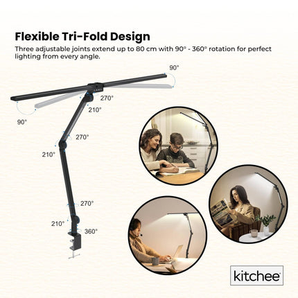 Kitchee Tri-Fold LED Desk Lamp with Clamp - Swinging Arm Eye-Care Dimmable Light.