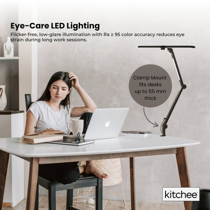 Kitchee Tri-Fold LED Desk Lamp with Clamp - Swinging Arm Eye-Care Dimmable Light.