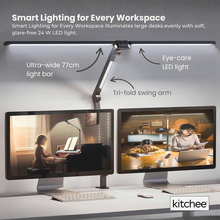 Kitchee Tri-Fold LED Desk Lamp with Clamp - Swinging Arm Eye-Care Dimmable Light.