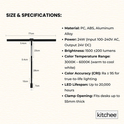 Kitchee Tri-Fold LED Desk Lamp with Clamp - Swinging Arm Eye-Care Dimmable Light.