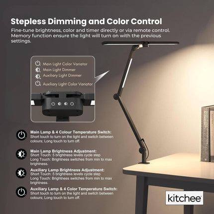Kitchee Tri-Fold LED Desk Lamp with Clamp - Swinging Arm Eye-Care Dimmable Light.