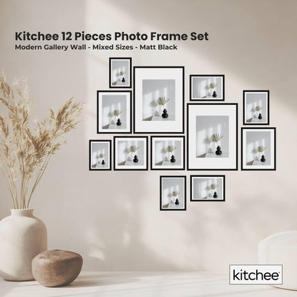 Kitchee 12 Pieces Photo Frame Set - Modern Gallery Wall Mixed Sizes Matt Black.