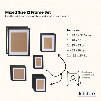 Kitchee 12 Pieces Photo Frame Set - Modern Gallery Wall Mixed Sizes Matt Black.