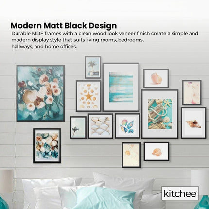 Kitchee 12 Pieces Photo Frame Set - Modern Gallery Wall Mixed Sizes Matt Black.
