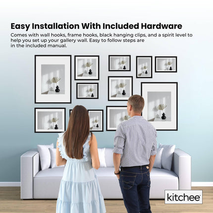 Kitchee 12 Pieces Photo Frame Set - Modern Gallery Wall Mixed Sizes Matt Black.