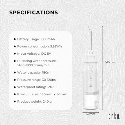 Orku Mini Water Flosser Rechargeable Portable Extendable Travel Oral Irrigator White.