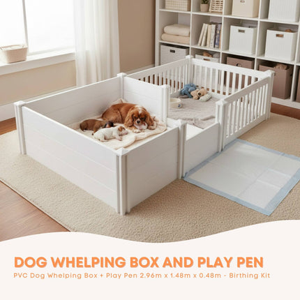 Rooster Farms PVC Dog Whelping Box + Play Pen 2.96m x 1.48m x 0.48m - Birthing Kit.