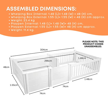 Rooster Farms PVC Dog Whelping Box + Play Pen 2.96m x 1.48m x 0.48m - Birthing Kit.