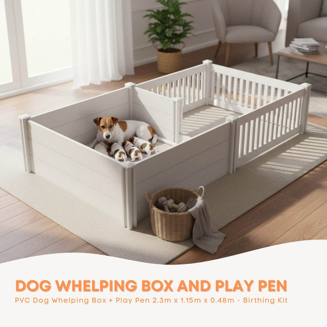 Rooster Farms PVC Dog Whelping Box + Play Pen 2.30m x 1.15m x 0.48m - Birthing Kit.