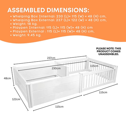 Rooster Farms PVC Dog Whelping Box + Play Pen 2.30m x 1.15m x 0.48m - Birthing Kit.
