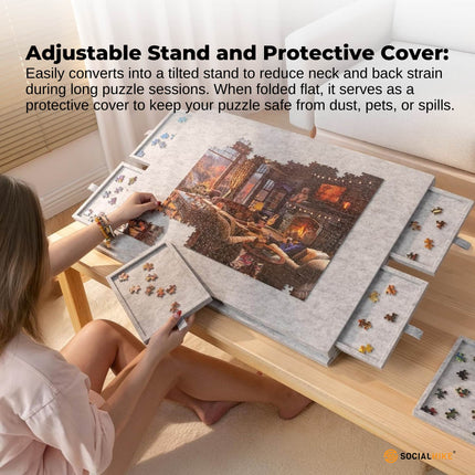 Social Hike Puzzle Board 1000 pcs - Felt Tilting Portable Cover + Drawers Silver.
