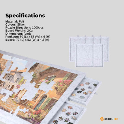 Social Hike Puzzle Board 1000 pcs - Felt Tilting Portable Cover + Drawers Silver.