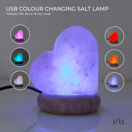 USB Colour Changing Salt Himalayan Lamp - Heart Love Shape Pink Rock LED Light.