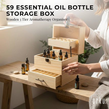 Orku 59 Essential Oil Bottle Storage Box - Wooden 3 Tier Aromatherapy Organiser.