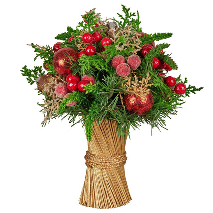 Christabelle 33cm Christmas Bouquet Pre-Decorated Holiday Floral Arrangement with Berries, Baubles & Pine Cones Festive Tabletop Centrepiece Decoration.