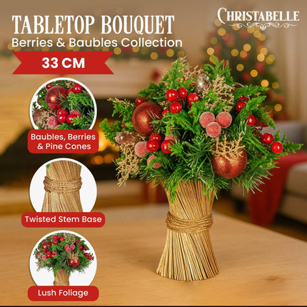 Christabelle 33cm Christmas Bouquet Pre-Decorated Holiday Floral Arrangement with Berries, Baubles & Pine Cones Festive Tabletop Centrepiece Decoration.
