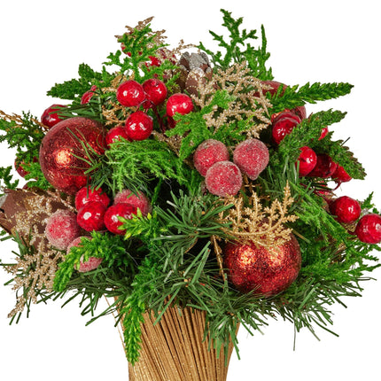 Christabelle 33cm Christmas Bouquet Pre-Decorated Holiday Floral Arrangement with Berries, Baubles & Pine Cones Festive Tabletop Centrepiece Decoration.