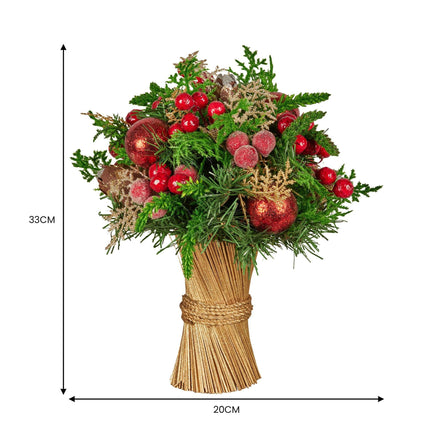 Christabelle 33cm Christmas Bouquet Pre-Decorated Holiday Floral Arrangement with Berries, Baubles & Pine Cones Festive Tabletop Centrepiece Decoration.