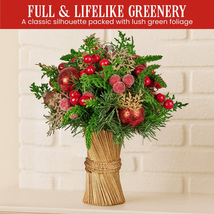 Christabelle 33cm Christmas Bouquet Pre-Decorated Holiday Floral Arrangement with Berries, Baubles & Pine Cones Festive Tabletop Centrepiece Decoration.