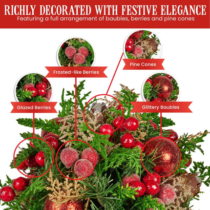 Christabelle 33cm Christmas Bouquet Pre-Decorated Holiday Floral Arrangement with Berries, Baubles & Pine Cones Festive Tabletop Centrepiece Decoration.