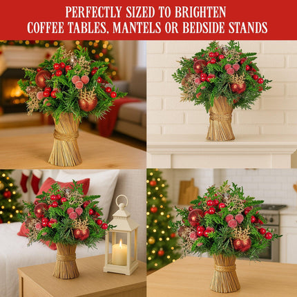 Christabelle 33cm Christmas Bouquet Pre-Decorated Holiday Floral Arrangement with Berries, Baubles & Pine Cones Festive Tabletop Centrepiece Decoration.