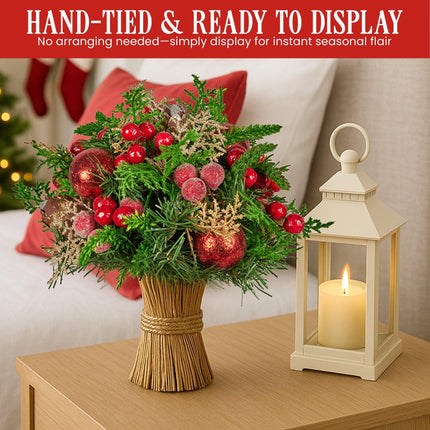Christabelle 33cm Christmas Bouquet Pre-Decorated Holiday Floral Arrangement with Berries, Baubles & Pine Cones Festive Tabletop Centrepiece Decoration.