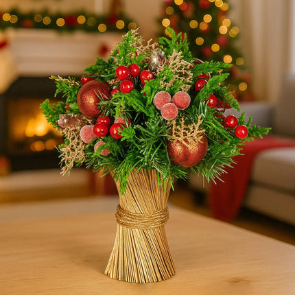 Christabelle 33cm Christmas Bouquet Pre-Decorated Holiday Floral Arrangement with Berries, Baubles & Pine Cones Festive Tabletop Centrepiece Decoration.