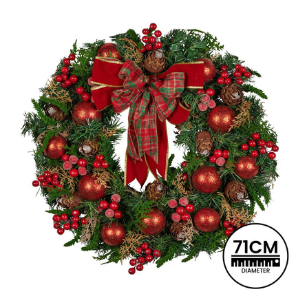 Christabelle Stunning 71cm Christmas Wreath Lush Red Baubles Berries Pine Cones and Bow Front Door Decoration.