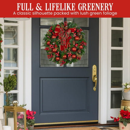Christabelle Stunning 71cm Christmas Wreath Lush Red Baubles Berries Pine Cones and Bow Front Door Decoration.