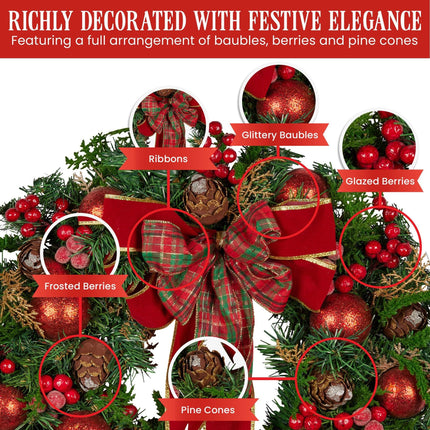 Christabelle Stunning 71cm Christmas Wreath Lush Red Baubles Berries Pine Cones and Bow Front Door Decoration.