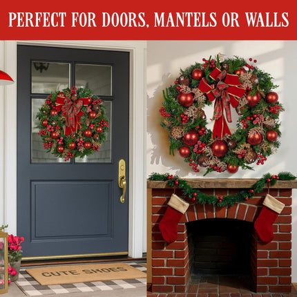 Christabelle Stunning 71cm Christmas Wreath Lush Red Baubles Berries Pine Cones and Bow Front Door Decoration.