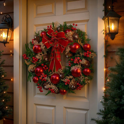 Christabelle Stunning 71cm Christmas Wreath Lush Red Baubles Berries Pine Cones and Bow Front Door Decoration.