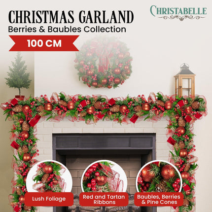 Christabelle 1m Christmas Garland with Red Berries & Pine Cones Baubles Berries Tree Decoration Ornament Red Green.