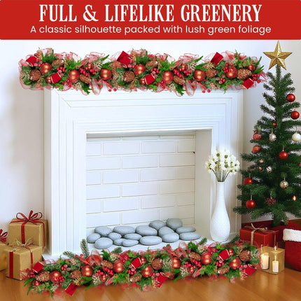 Christabelle 1m Christmas Garland with Red Berries & Pine Cones Baubles Berries Tree Decoration Ornament Red Green.