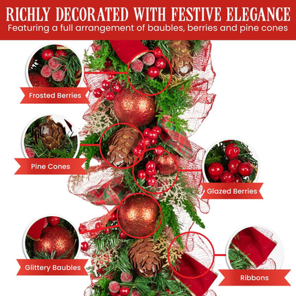 Christabelle 1m Christmas Garland with Red Berries & Pine Cones Baubles Berries Tree Decoration Ornament Red Green.