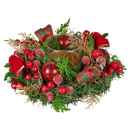 Christabelle 26cm Christmas Centrepiece Lush Green Holiday Display w/Red Berries & Hurricane Candle Holder Pre-decorated for Dining Table Console.