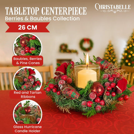 Christabelle 26cm Christmas Centrepiece Lush Green Holiday Display w/Red Berries & Hurricane Candle Holder Pre-decorated for Dining Table Console.