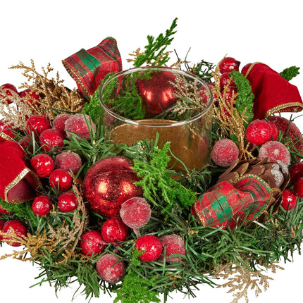 Christabelle 26cm Christmas Centrepiece Lush Green Holiday Display w/Red Berries & Hurricane Candle Holder Pre-decorated for Dining Table Console.