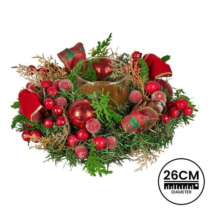 Christabelle 26cm Christmas Centrepiece Lush Green Holiday Display w/Red Berries & Hurricane Candle Holder Pre-decorated for Dining Table Console.