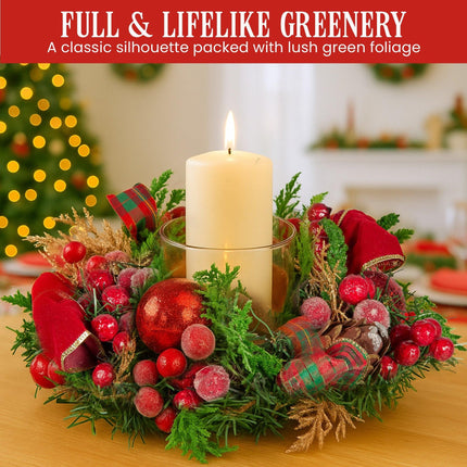 Christabelle 26cm Christmas Centrepiece Lush Green Holiday Display w/Red Berries & Hurricane Candle Holder Pre-decorated for Dining Table Console.