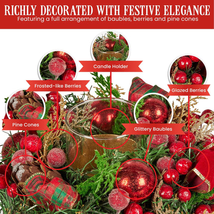 Christabelle 26cm Christmas Centrepiece Lush Green Holiday Display w/Red Berries & Hurricane Candle Holder Pre-decorated for Dining Table Console.