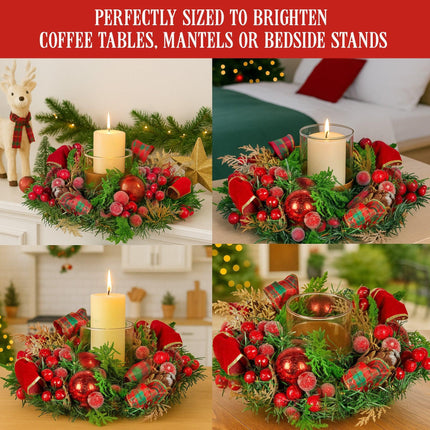 Christabelle 26cm Christmas Centrepiece Lush Green Holiday Display w/Red Berries & Hurricane Candle Holder Pre-decorated for Dining Table Console.